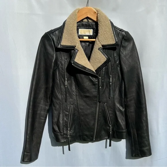 Michael Kors Jacket 100% Genuine Leather Aviator Zipped Jacket Sherpa Collar A1 - Picture 3 of 10